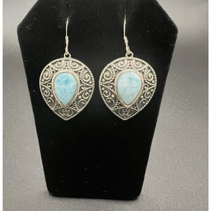 TJC 925 Sterling Silver Blue Larimar Gemstone Floral Scroll Dangle Earrings